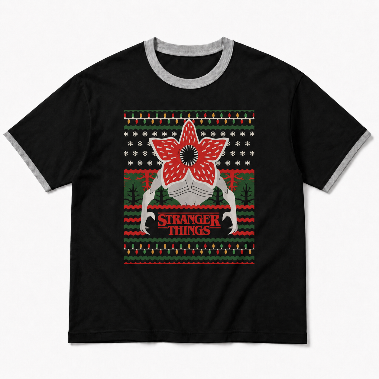 Playera negra Stranger Things Demogorgon Navidad