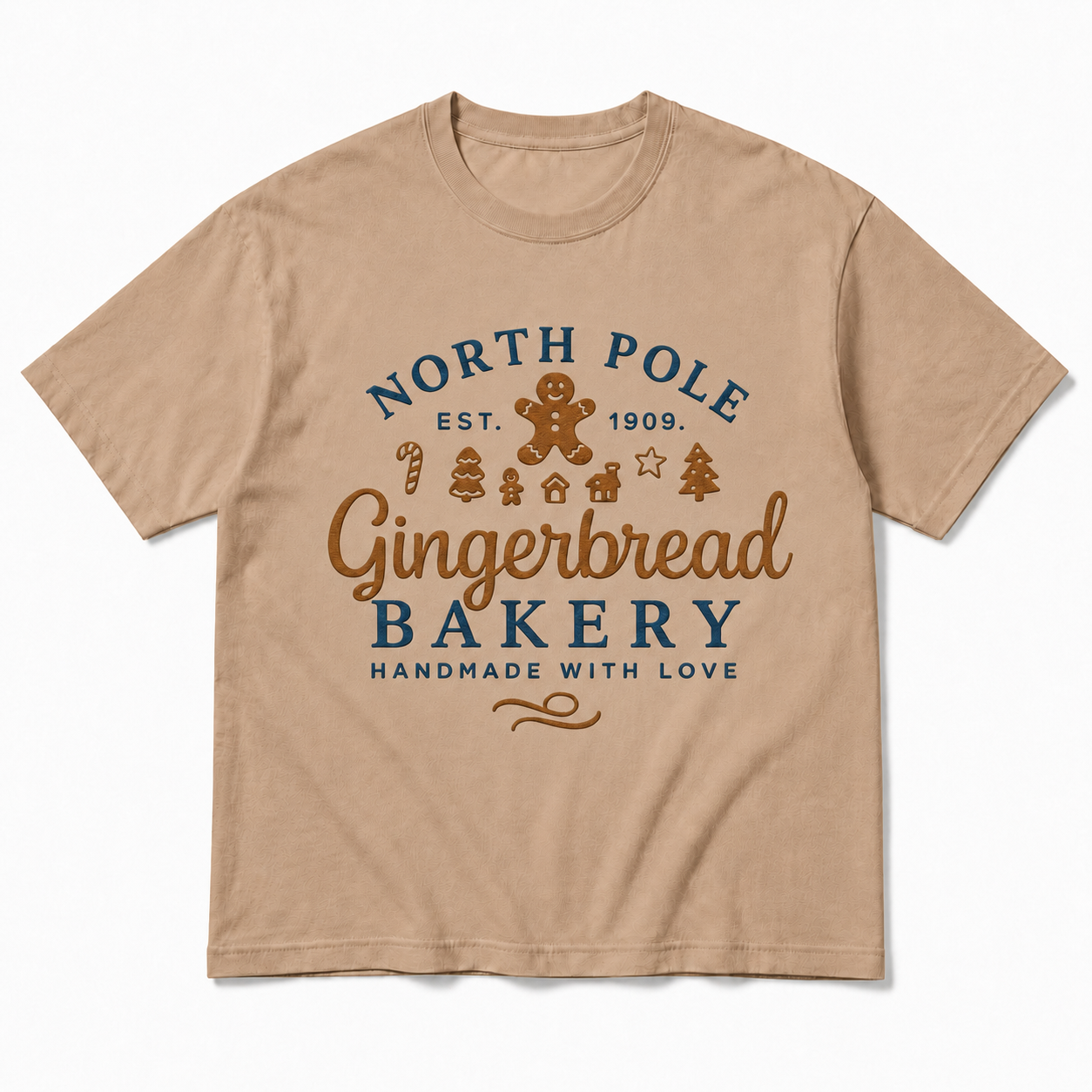 Playera Navideña Caqui North Pole Gingerbread Bakery